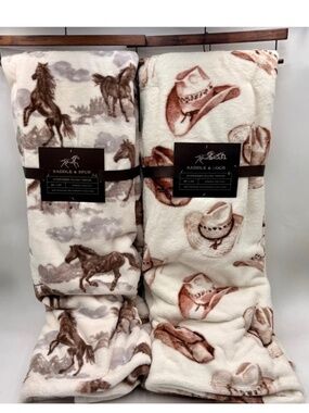 Saddle & Spur Oversized Plush Throw Blanket Set 2 Western Horse Cowgirl Hat